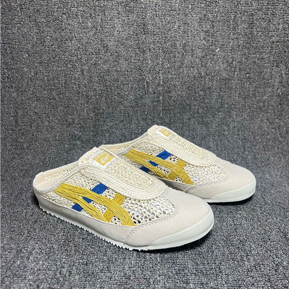 Onitsuka Tiger by Asics Cream Slip-On Sneakers with Yellow and Blue Stripes - Picture 1 of 6